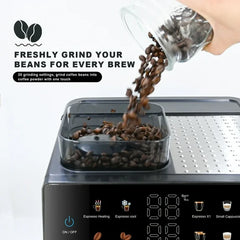 Bluebow All-in-One Espresso Machine with Grinder, 20-Bar Automatic Coffee Maker, Built-in Milk Frother for Latte & Cappuccino, Single/Double Shot Brew, Touchscreen - Stainless Steel