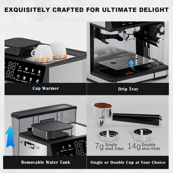 Bluebow All-in-One Espresso Machine with Grinder, 20-Bar Automatic Coffee Maker, Built-in Milk Frother for Latte & Cappuccino, Single/Double Shot Brew, Touchscreen - Stainless Steel
