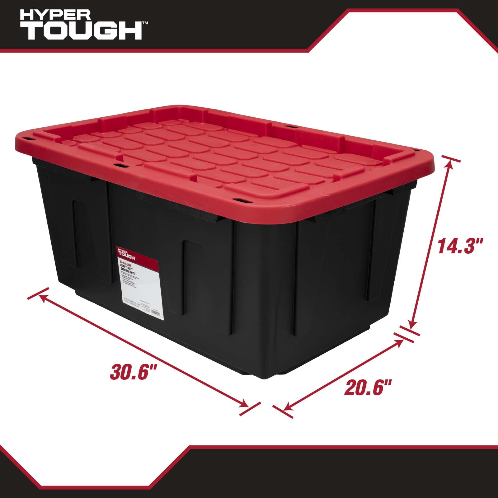 Hyper Tough Large Storage Bin, 27 Gallon Plastic Storage Container with Snap-On Lid, Black and Red