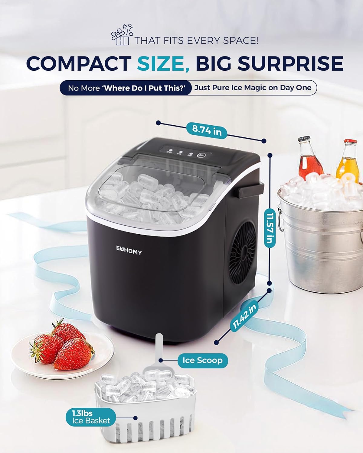 EUHOMY Countertop Ice Maker Machine with Handle, 26lbs in 24Hrs, 9 Ice Cubes Ready in 6 Mins, Auto-Cleaning Portable Ice Maker with Basket and Scoop