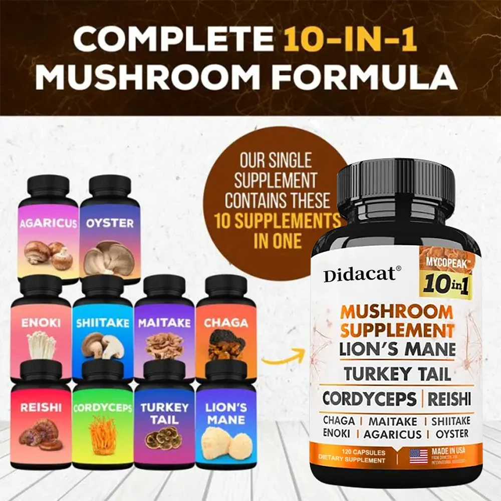 Mushroom Complex Supplement – 10x Strength Lions Mane, Turkey Tail, Reishi, Cordyceps – Brain Boost, Focus & Memory Support for Men and Women