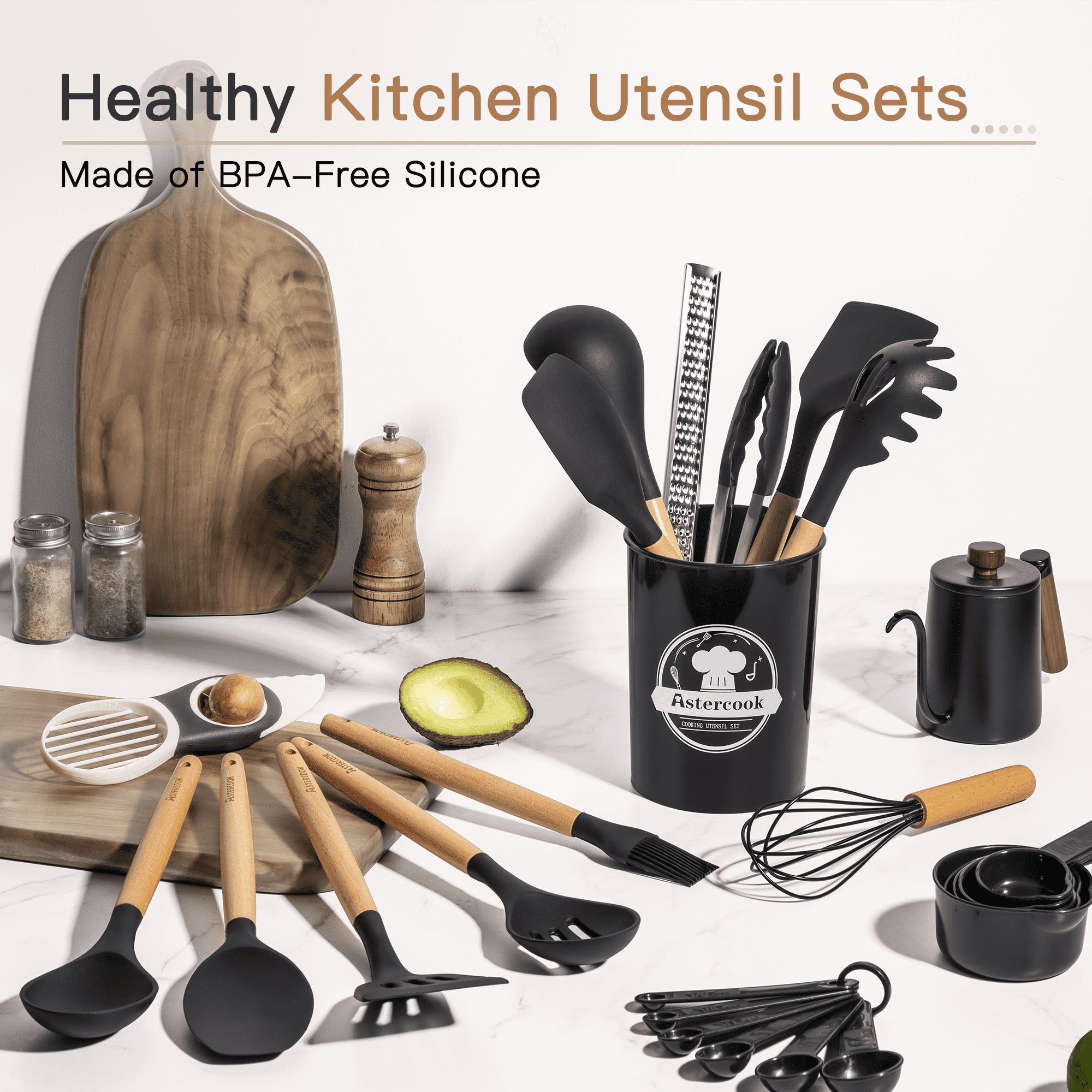 Astercook Silicone Cooking Utensils Set, 38 PCS Kitchen Utensils Set for 446°F Heat Resistant, Food Grade Utensil Sets with Wooden Handle, Kitchen Gadgets for Nonstick Cookware BPA Free (Black)