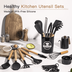 Astercook Silicone Cooking Utensils Set, 38 PCS Kitchen Utensils Set for 446°F Heat Resistant, Food Grade Utensil Sets with Wooden Handle, Kitchen Gadgets for Nonstick Cookware BPA Free (Black)